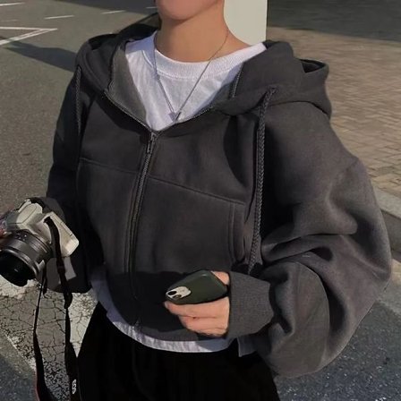 Koreansk hettegenser for kvinner, mote fleeceforet løs hettejakke med glidelås, lange ermer, korte topper Harajuku, damejakker, kåper, sweatshirt