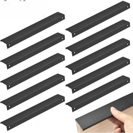 10 stk. usynlige skabshåndtag, 250 mm skjulte skuffegreb i aluminiumlegering, strømlinet greb, sort, moderne møbelgreb med 20 skruer til sæt