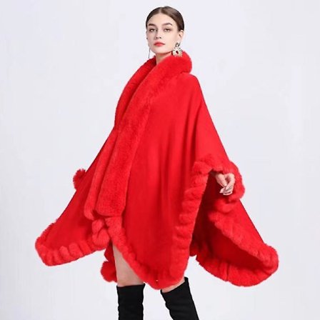 Vinterkappa med tofs-sjal, cape, pälskrage, ullimitation, överrock, cape, dam