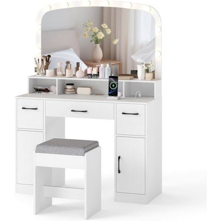 COSTWAY Makeupbord med Håndholdt Spejl Hollywood Lysende LED Justerbare, Opladningsstation Hvid