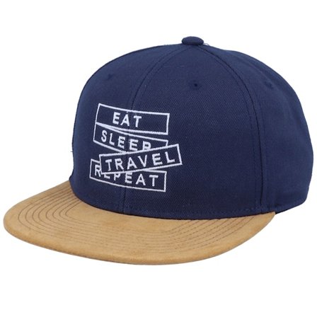 Bacpakr - Blå snapback Keps - Eat Sleep Travel Repeat Suede Navy Snapback @ Hatstore