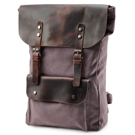 Vintage-Style Graphite Leather & Canvas Backpack for Men - Backpacks