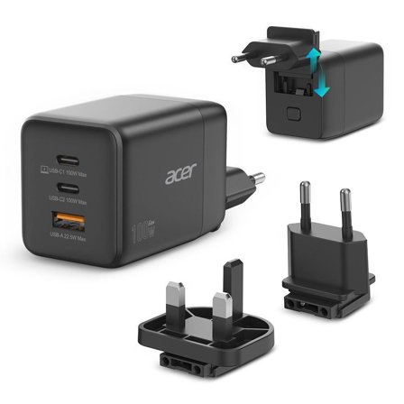 Acer GaN charger 2xUSB-C 1xUSB-A ports black 100W Removable plugs