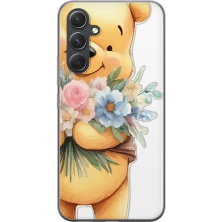 Yhteensopiva Puhelinkuori Samsung Galaxy S24 Nalle Puh kukkien kanssa - klassinen lasten suosikki kukkivassa keväisympäristössä