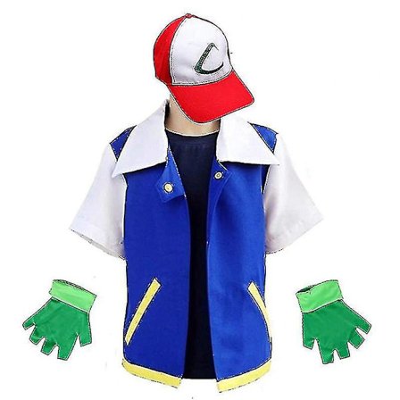 Men Anime Blue Jacket Costume Boys Girls Ash Ketchum Cosplay For Halloween Party Women Trainer Cap And Gloves Set -a