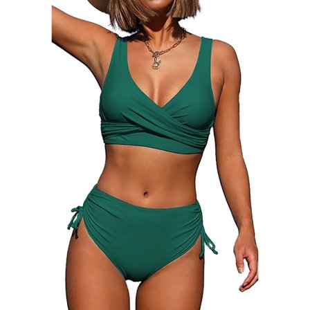 ASKSA Bikini Set för Kvinnor Korsad Rygg Baddräkter Badkläder Dragsko Sida Strandkläder Baddräkt, Grön, L