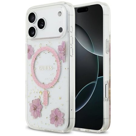 Guess Resin Flowers Glitter MagSafe-fodral för iPhone 17 Pro Max - Rosa