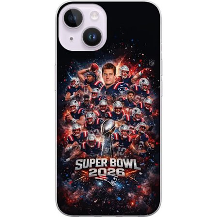 Yhteensopiva Puhelinkuori Apple iPhone 15 Super Bowl 2026 juliste, jossa New England Patriots ja NFL-mestaruuspalkinto räjähtävän urheilullisessa suun