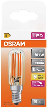 OSRAM Led Lyspære E14 T26 55 730lm klar Dimbar Varmhvit