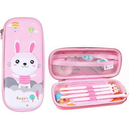 Kanin penalhus til piger, 3D penalhus, stor kapacitet, flere rum (pink kanin)