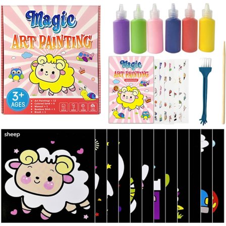 28 stk. Sandkunst sæt til børn 6 flasker sand 12 sandmalerier 8 ark klistermærker til børn, skolekunstprojekt