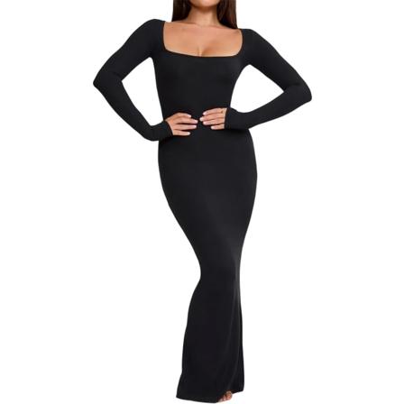 ivimos Dam Maxi Lounge Klänning Långärmad Kvadrat Hals Elastisk Ribbstickad Sexig Bodycon Klänning Svart X-Large