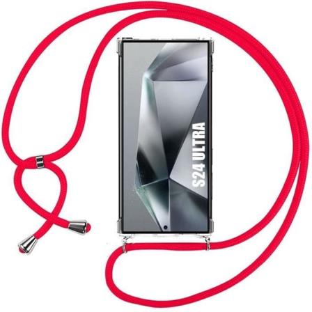 Taske til Samsung Galaxy S24 Ultra, gennemsigtig forstærket beskyttelse Anti-ridse blød + rød skulderrem Klart, rött