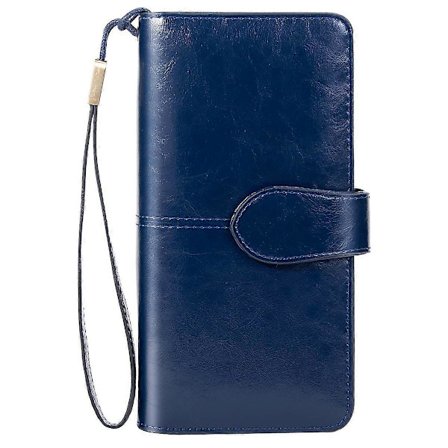 Lommebok i Skinn Dame Rfid Beskyttelse Damelommebok Stor Mange Rom, Lommebok Dame Stor Skinn med Mange Kortlommer (Mørkeblå)