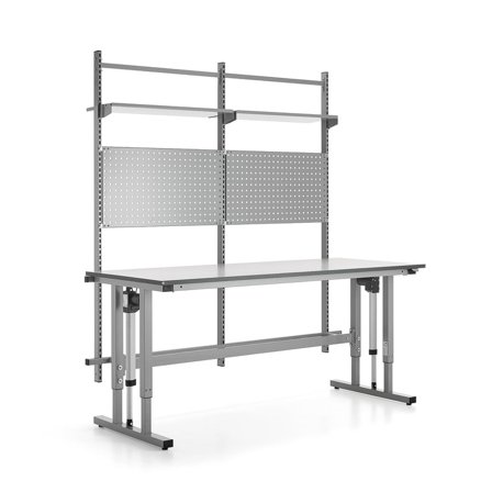 Komplett höj- och sänkbart arbetsbord MOTION, 400 kg, 2000x800 mm, verktygstavla och hyllplan