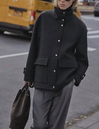 Mango High Neck Midi Wool Coat - Black - L