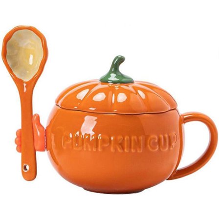 Sød Græskar Kop, Keramisk Kaffekrus, 250 ml Tekop med Låg (Kop + Ske + Silikonehånd)