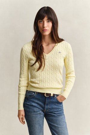 GANT Damen V-Neck Pullover mit Zopfmuster (L) Gelb