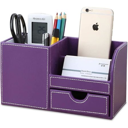 Puinen nahkainen monitoiminen työpöydän tarvikejärjestäjä säilytyslaatikko kynille/lyijykynille, matkapuhelimelle, käyntikorteille, kaukosäätimelle ja