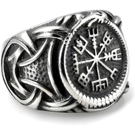 Vikingring i rustfritt stål med Vegvisir og keltisk knute, ZQKLA
