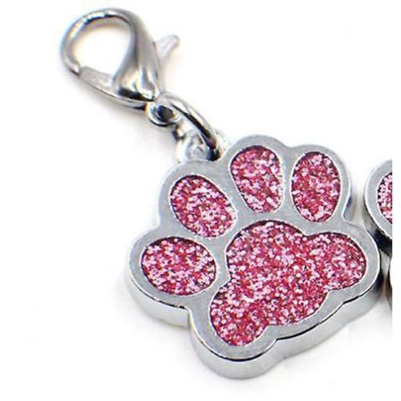 Anpassad rostfritt stål Rhinestone Paw Print ID-tagg för små katter och hundar med upp till 4 rader graverad text (rosa)