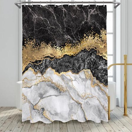 1 st duschdraperi 180x180cm, grå-svart-guld paljetter modern abstrakt badrum gardin dekorativ vattentät