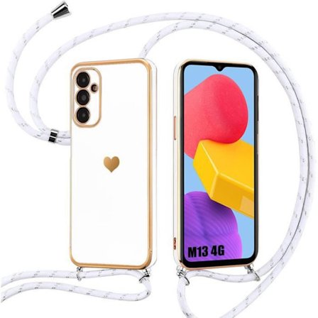 Coque Bandoulière - Samsung - Galaxy M13 - Mjuk TPU - Stötsäker - Hjärtmotiv - Vit