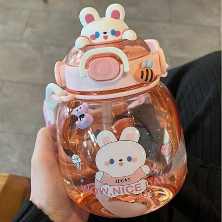 Vattenflaska med sugrör och axelrem för juice mjölk tecknad film vattenflaskor med söta klistermärken stor flaska (rosa kanin)