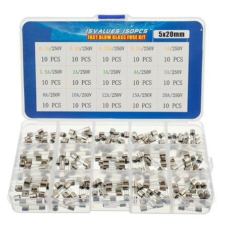15 Värden Sortering av glassäkringar med snabbkoppling 160st 5x20mm 250V 0.1 0.2 0.25 0.5 1 1.5 2 3 4 5 8 10 12 15 20A Förpackning i transparent pl