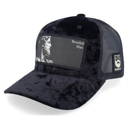 Bearded Man - Negro trucker Gorra - Ancient Greek Beard Patch Velvet Black A-Frame Trucker @ Hatstore