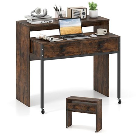 COSTWAY Fällbart Skrivbord - 2 Lådor och Hjul - 100 x 63 x 88 cm - Kompakt Smyckesbord för Salong, Sovrum Brunt