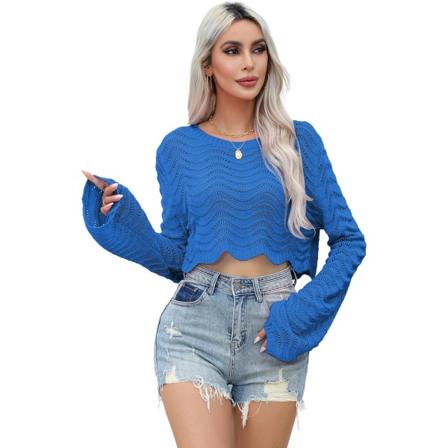 ivimos Dam Cropped Tröja Långärmad Rund Hals Casual Toppar Mode Ihålig Ut Elastisk Lös Stickad Tröja Pullover Blå Stor