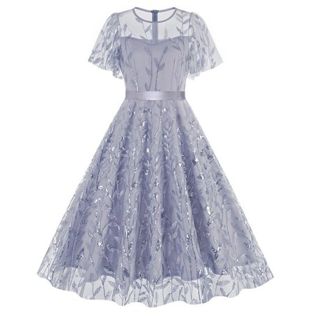 Kvinder 1950'erne Vintage Blomsterbroderi 3/4 Ærme Mesh Midi Swing Kjole