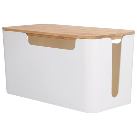 Lille kabelstyringsboks med trælåg til at skjule TV-ledninger, routere og computerkabler