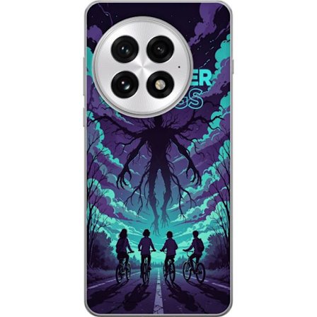Yhteensopiva Puhelinkuori OnePlus OnePlus 13 Stranger Things -inspiroitunut fantasiaillustraatio, jossa on tumma hirviö, pyöräilevät lapset ja dra