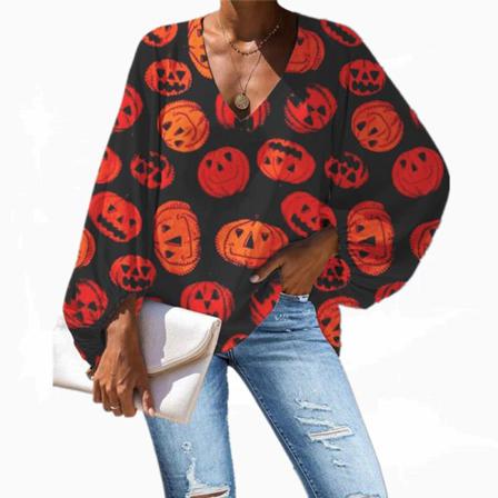 Kvinnor Pumpa Print Toppar Printed Långärmad Vneck T-shirt