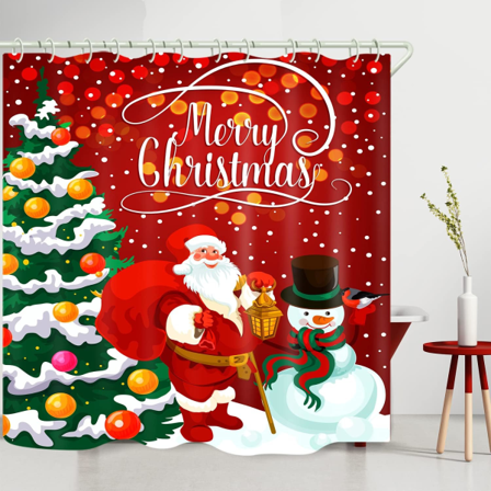 Dusjforheng med kunstnerisk grønt juletre-trykk, baderom, rød julenisse-snømann, vanntett gardin for badekar, polyester dusjforheng (180x180cm)
