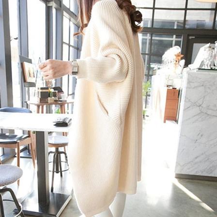 Kvinder Strik Efterår Vinter Sweater Mid-Længde Cardigan Løs Batwing Sleeve Coat Beige 78*116*62cm