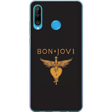 Kompatibelt Mobilskal till Huawei P30 lite Ikonisk musikillustration med bevingat hjärta och dolk i guldtoner på mörk bakgrund, kraftfull och symbo