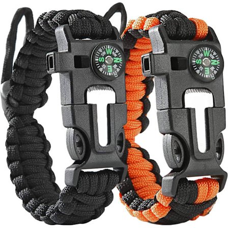 Paracord-rannekoru, jossa on kova pilli, hätäkompassi, selviytymistulen sytytin, kaavin ja tarvikkeet patikointiin, leirintään, kalastukseen ja 