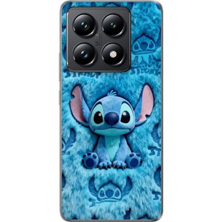Kompatibelt Mobilskal till Xiaomi Xiaomi 14T Pro Blå Stitch-mjukdjur med stora öron och broderade detaljer, sittande mot ett upprepat mönster i mat