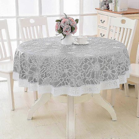 180 cm Rund PVC Voksdug, Med Blomster- og Blondemønster, Vandtæt og Pletafvisende