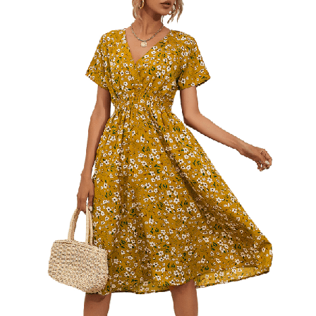 Chiffongklänning Sommar Retro Röd Gul Tryck Blommor Normal F
