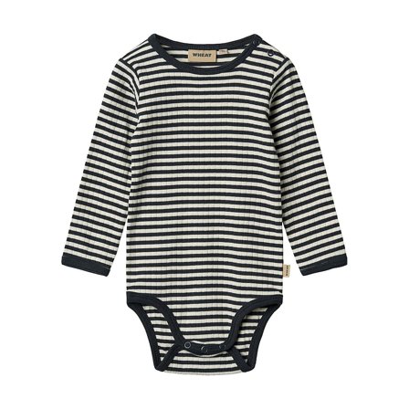 WHEAT Body Long Sleeve Berti Navy Rib Stripe Str 56/1m, Tøj & Bolig, Børnetøj, Sparkedragter & Bodyer