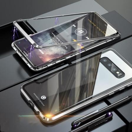 Magnetisk etui til Galaxy S10 Sølv Aluminium Metal Bumper Hærdet glasbagside til Samsung Galaxy S10 pengar