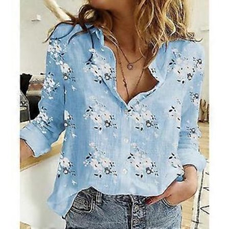 Vår Høst Blomstertrykk Skjorte Casual Løs Langermet Bomull Lin Skjorter Pluss Størrelse Dame Topper (5XL lyseblå)