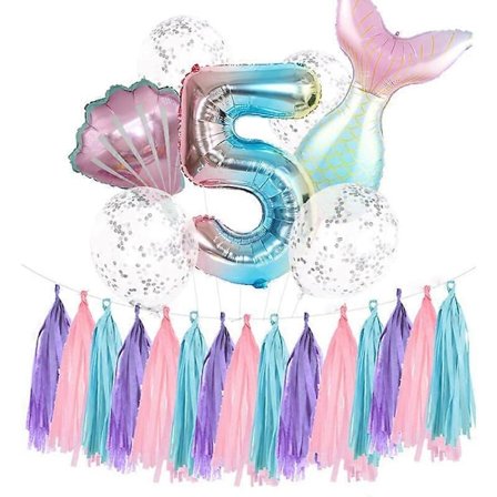 Sjöjungfru 5-års Kalas Dekorationer för Flickor - Siffra 5 Ballong, 12 Tum med Fem Banner | Sjöjungfru Födelsedagsdekorationer för Flickor 5 | 