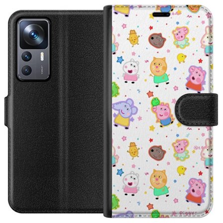 Kompatibelt Lommeboketui til Xiaomi 12T Fargerike tegneserie dyrekarakterer i en leken stil med stjerner og prikker på en lys bakgrunn