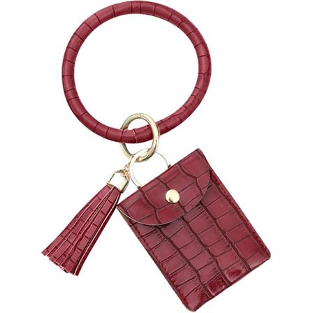 Armband med nyckelring i enfärgad PU-läder för kvinnor, nyckelplånbok, armband med fransar, nyckelring, handledstillbehör, röd