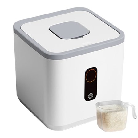 5 kg risdispenser, fødevaregodkendt risbeholder, lufttæt og fugtbestandig opbevaringsbeholder til korn og mel med målekop